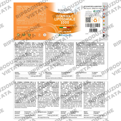 Bandini® Vitamina C Liposomiale 1000mg, 3 mesi, Vegana | Vit C 100% Vegana ad Alto dosaggio | Sistema Immunitario, Ossa, Cartilagini, Pelle, Denti, Stanchezza | Vitamin C Pura Acido Ascorbico 180 cps