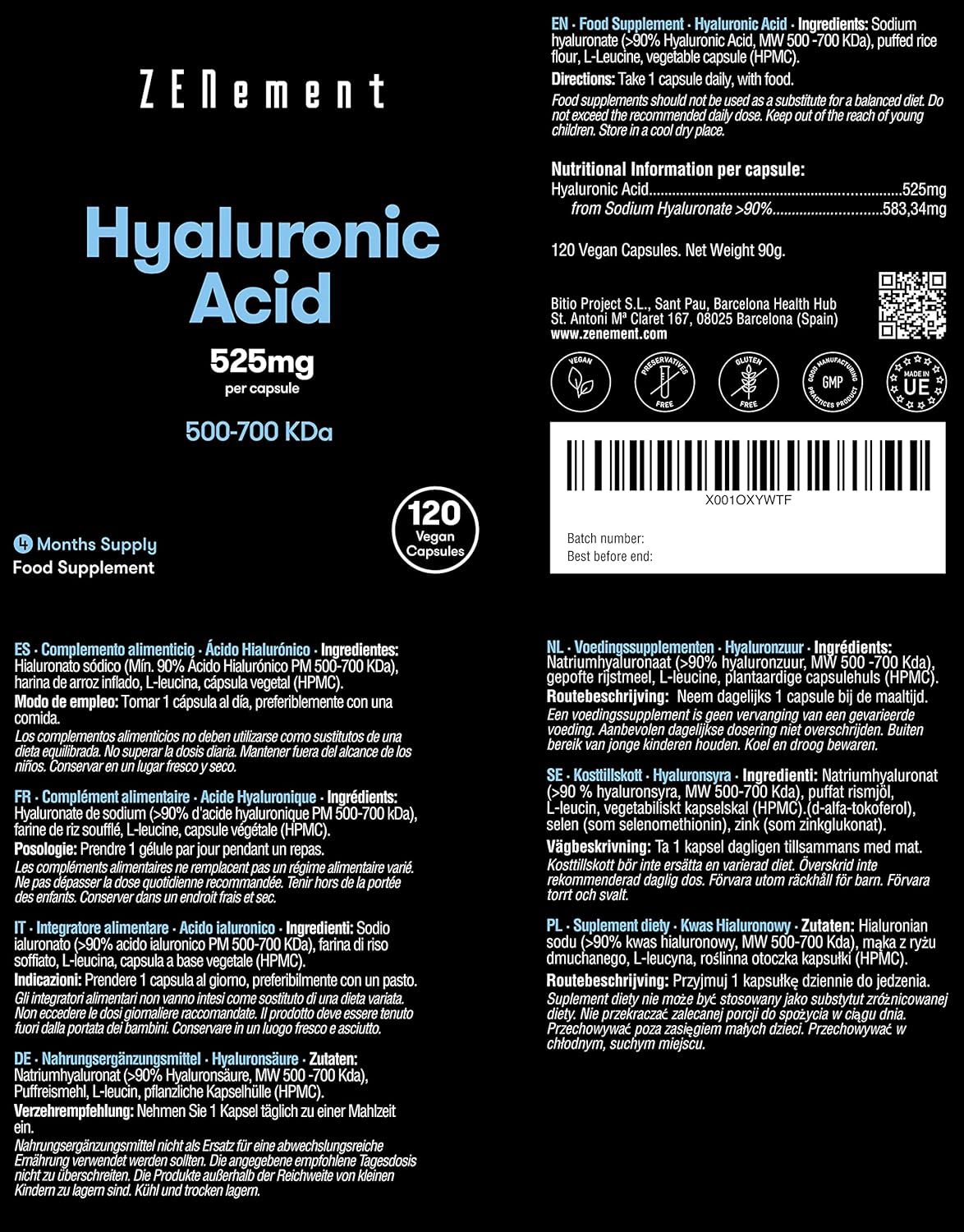 Acido Ialuronico Integratore, Puro 525mg ad Alto Dosaggio, 120 Capsule di Acido Ialuronico Puro (4 Mesi) con 500-700 kDa, Hyaluronic Acid con Sodio Ialuronato, Alternativa a Acido Ialuronico Compresse