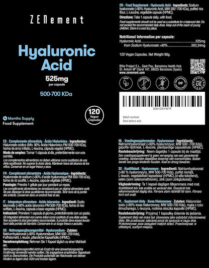 Acido Ialuronico Integratore, Puro 525mg ad Alto Dosaggio, 120 Capsule di Acido Ialuronico Puro (4 Mesi) con 500-700 kDa, Hyaluronic Acid con Sodio Ialuronato, Alternativa a Acido Ialuronico Compresse