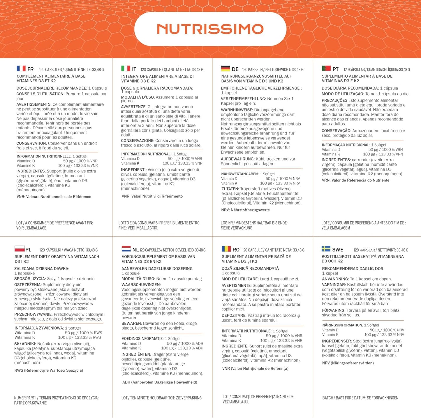 NUTRISSIMO Vitamina D e Vitamina K (D3+K2) | 120 Softgels | 2000 UI D3 + 100µg K2 (PHARMAQUINONE®) | Supporto per Ossa, Muscoli, Denti e Sistema Immunitario