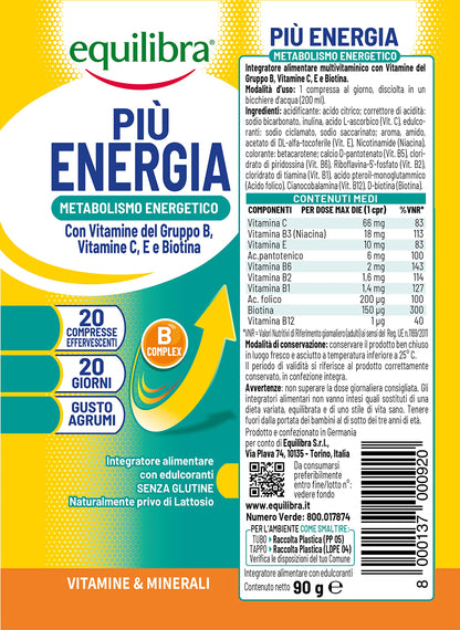 equilibra Integratori Alimentari, Più Energia, Integratore Per Il Benessere Vitaminico, Con Vitamine Gruppo B, Vitamina C, Vitamina E, Biotina, Gusto Agrumi, 3 Pezzi Da 20 Compresse Effervescenti