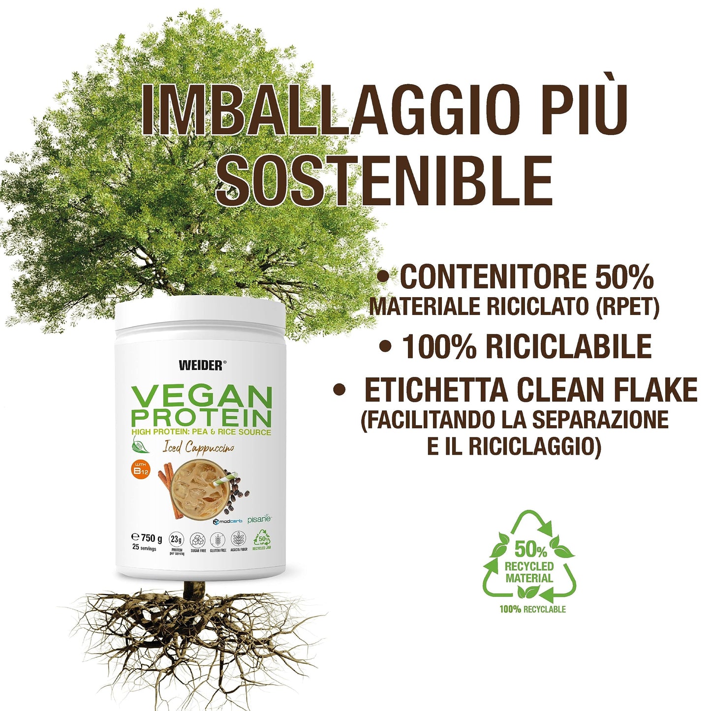 Weider Vegan Protein (750g) Gusto Cappuccino. Proteine Vegane 23g/dose isolate di piselli e riso, Con Vitamina B12 e Stevia, Senza Glutine, Senza Zucchero, Contenitore 50% Riciclato, 100% Riciclabile