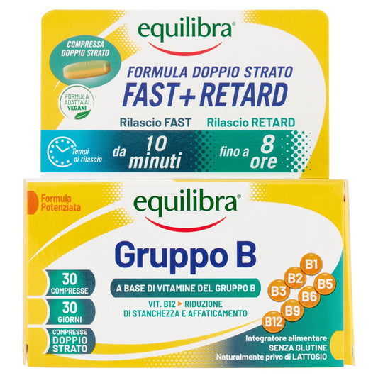 equilibra, Vitamine Gruppo B, Alto dosaggio B12 1000 mcg con Rilascio FAST e Fino a 8 Ore, Vegan, 30 Compresse Doppio Strato, Benessere Fisico-Mentale, Riduce Stanchezza e Affaticamento