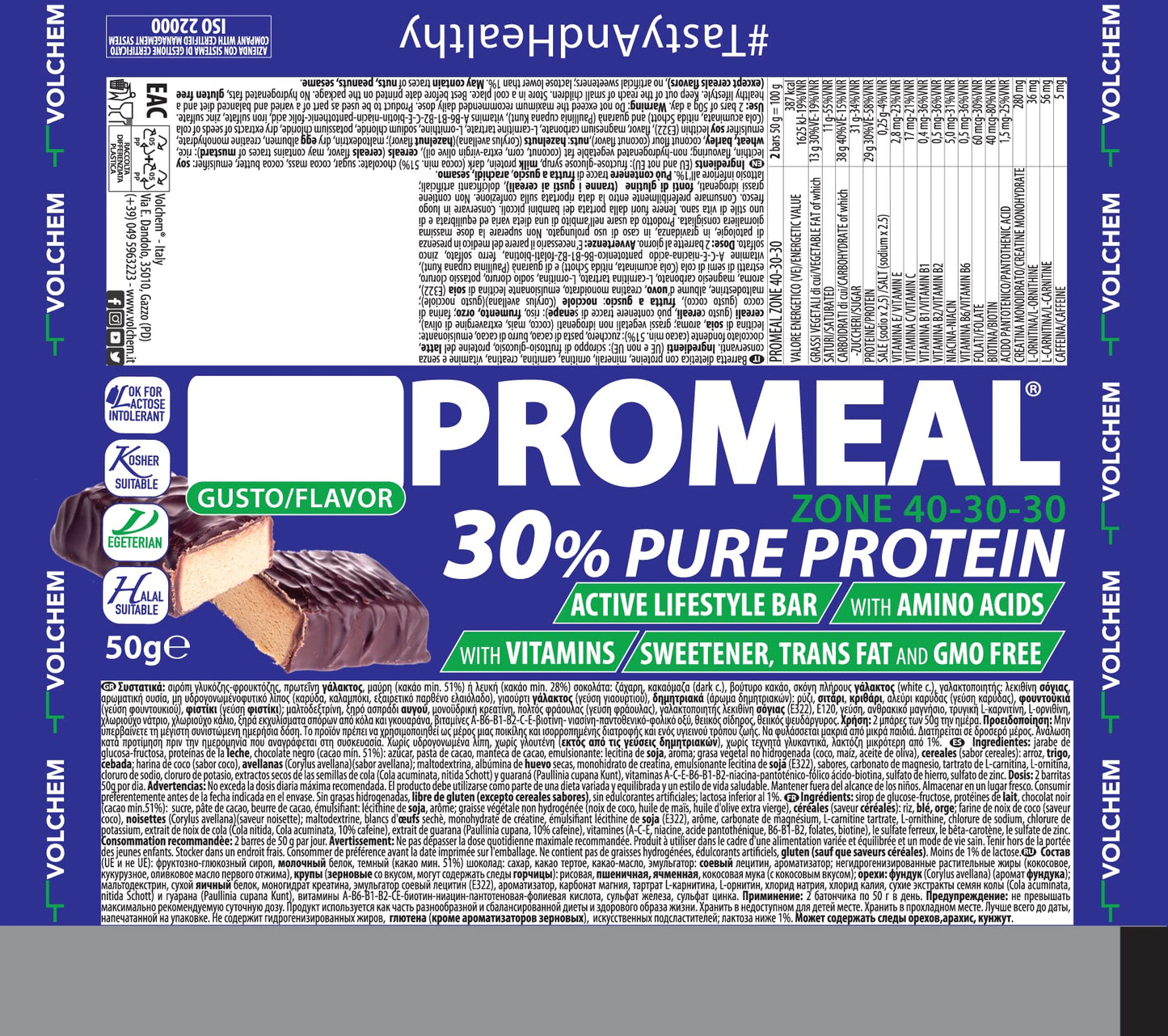 Volchem Promeal Zone 40-30-30, Barretta Proteico-Energetica con Ripartizione di Carboidrati-Proteine-Grassi (40-30-30), Senza Grassi Idrogenati, Scatola da 24 Barrette, Gusto Menta, 1200 g