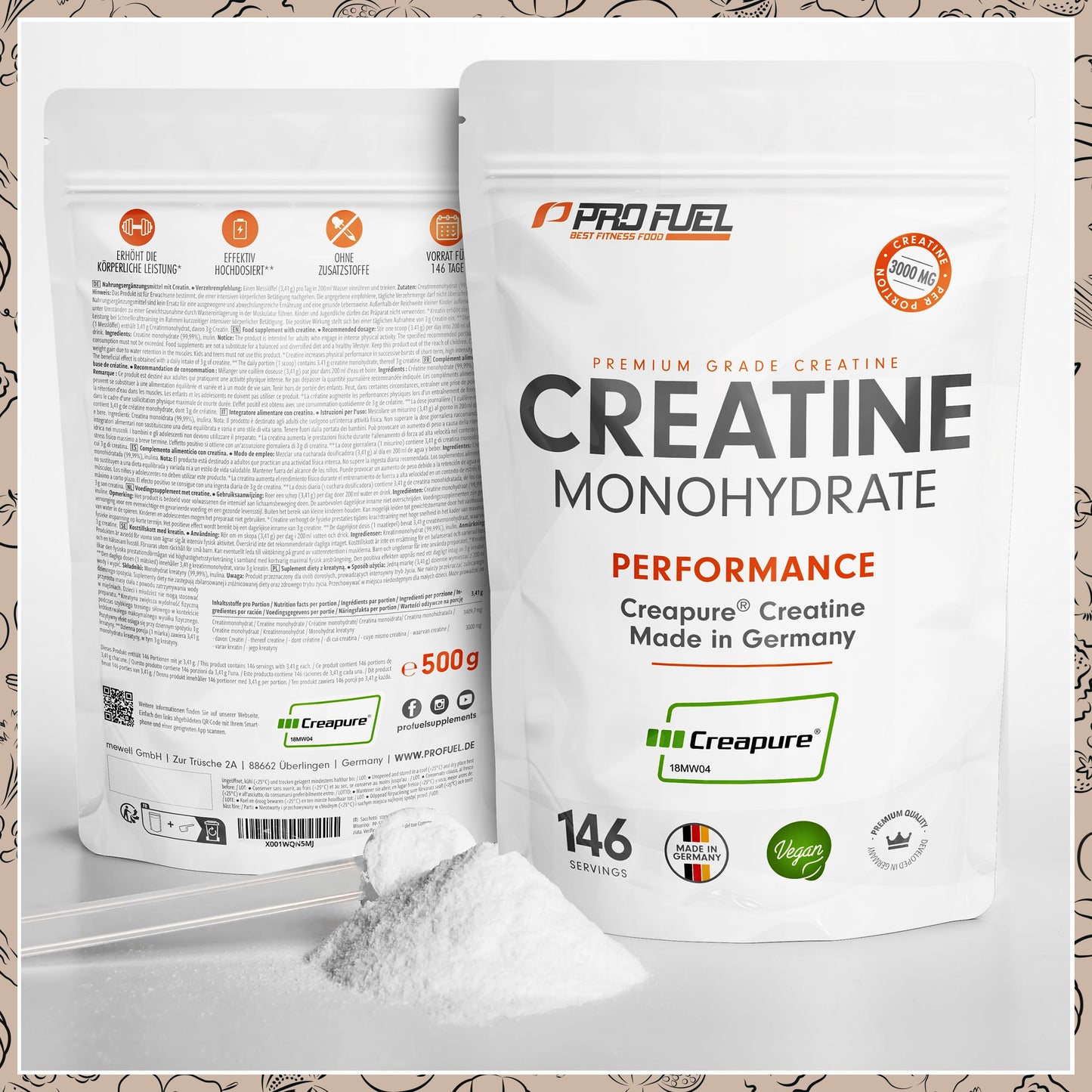 Creapure® Creatina Monoidrato in Polvere 500 g - Creatina Premium dalla Germania - Dose extra elevata per fitness e allenamento con i pesi - Creatina di alta qualità al 100% - Vegana