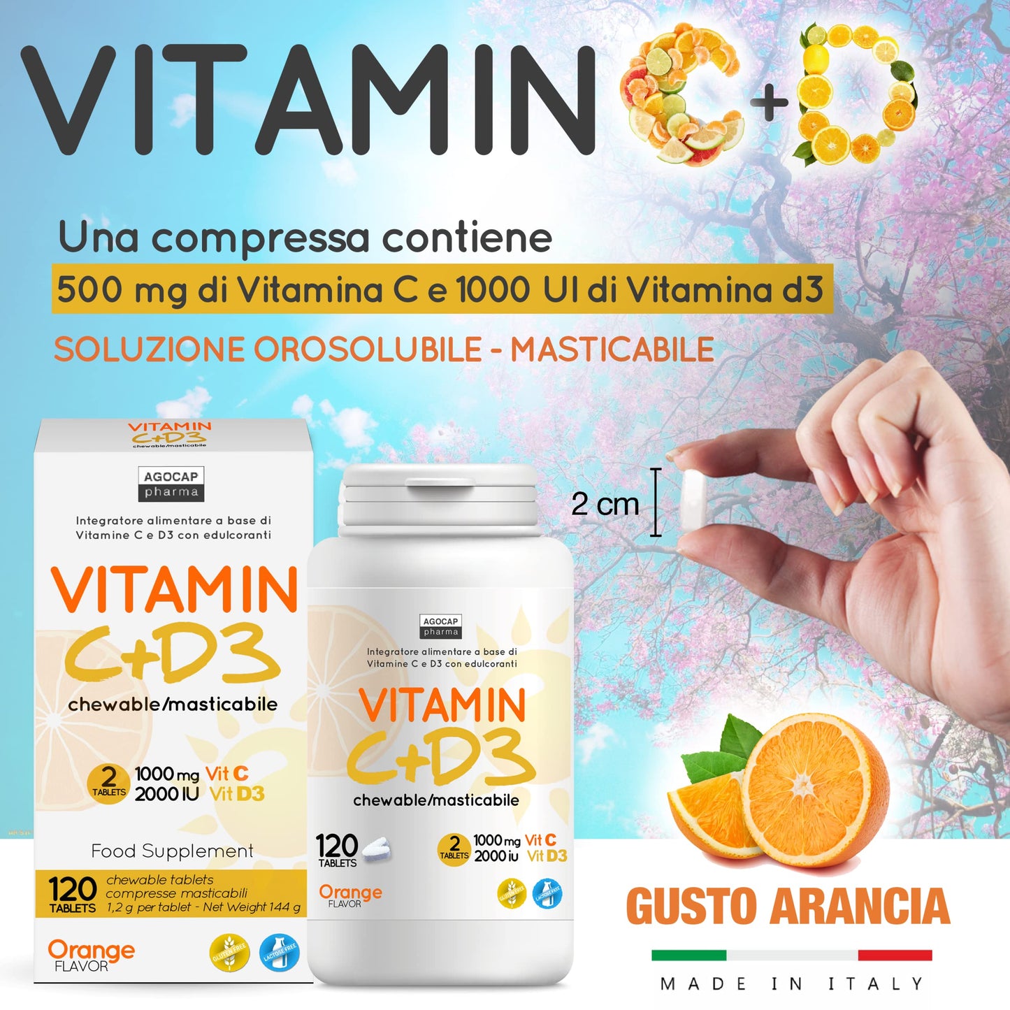 Vitamina C+D3, 120 compresse MASTICABILI, Vitamina C 1000mg + Vitamina d 2000 ui per dose giornaliera. Per difese immunitarie. Vitamina D e C, Agocap