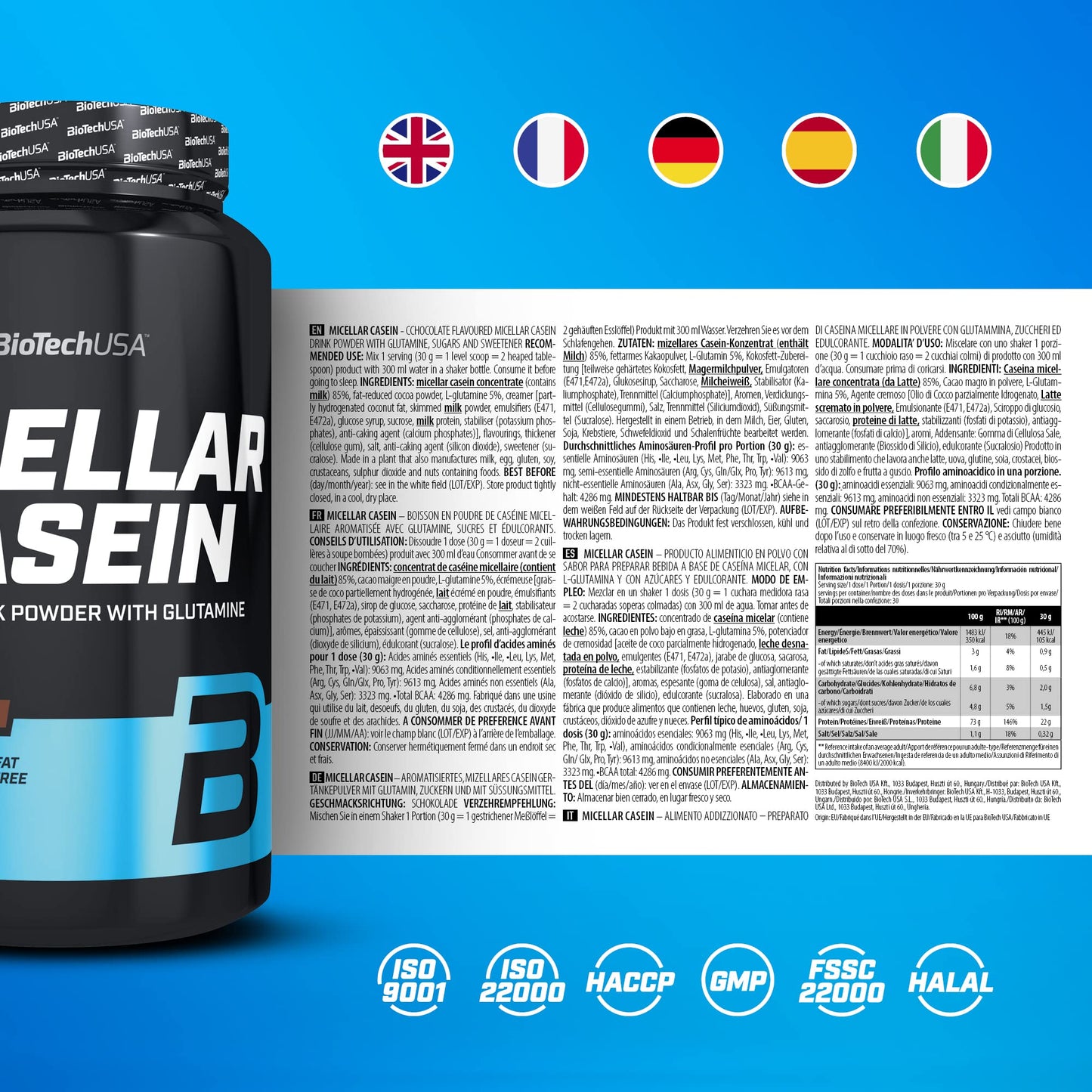 BioTechUSA Micellar Casein in Polvere | Tempo di Assorbimento Esteso | Senza Glutine e Senza Grassi | Aggiunta di L-Glutammina, 908 g, Vaniglia