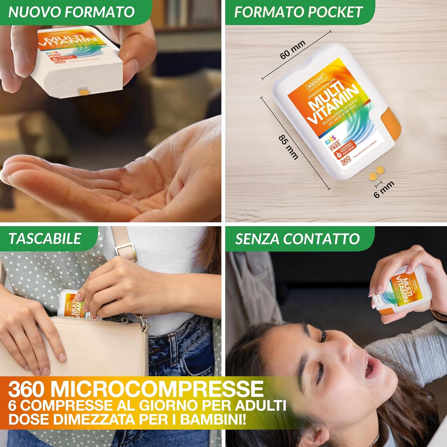 Multivitaminico Completo, Integratori Stanchezza, 360 mini compresse masticabili. Multivitaminico, complesso di Vitamine ad ALTO DOSAGGIO ideale per donna, uomo e bambino. Multivitamin, Agocap