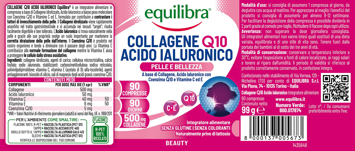 equilibra Integratori Alimentari, Collagene Q10 Acido Ialuronico, Benessere e Bellezza della Pelle, a Base di Collagene Idrolizzato, Acido Ialuronico, Coenzima Q10, Vitamine C ed E, 90 Compresse