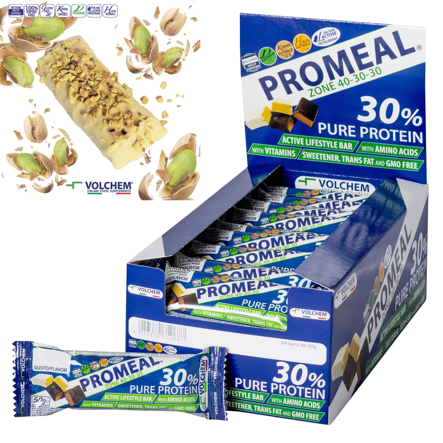 Volchem Promeal Zone 40-30-30, Barretta Proteico-Energetica con Ripartizione di Carboidrati-Proteine-Grassi (40-30-30), Senza Grassi Idrogenati, Scatola da 24 Barrette, Gusto Menta, 1200 g