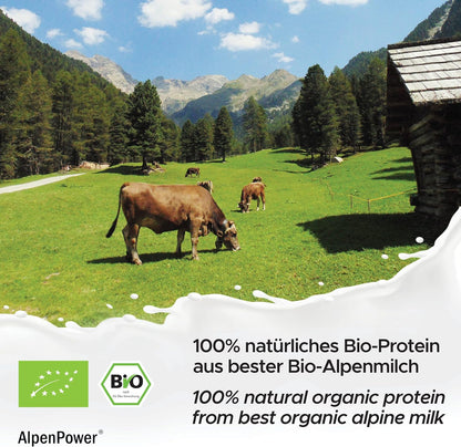 AlpenPower proteina caseina micellare biologica con BCAA e aminoacidi - 100% proteine della caseina in polvere senza additivi - a base del miglior latte d'alpeggio biologico - 750 g