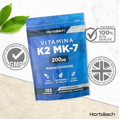 Vitamina K2 MK7 200 mcg Alto Dosaggio | 365 Compresse Vegane | Menachinone MK-7 | Integratore Alimentare Contribuisce al Mantenimento di Ossa Normali | Horbaach