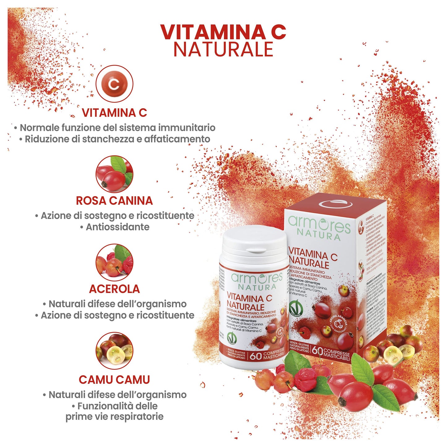 Armores Natura Integratori Alimentari, Vitamina C Naturale, Integratore a Base di Vitamina C da Acerola, Rosa Canina e Camu Camu, Aroma naturale Arancia, Vegano, 60 Compresse Masticabili