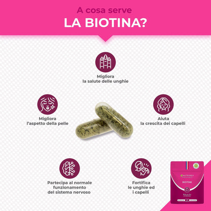 Biotina Nutrimea | Capelli, Unghie e Pelle | Vitamina B8, Zinco, Selenio e Semi di Zucca | Trattamento 4 Mesi | 120 Capsule Vegane