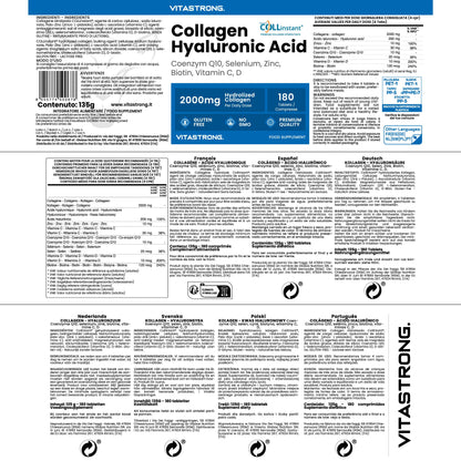 COLLAGENE IDROLIZZATO 2000MG Vitastrong - COLLinstant® Collagene e Acido Ialuronico con Biotina, Coenzima Q10, Zinco, Selenio, Vitamina C, Vitamina D - Formula Efficace - Qualità Premium